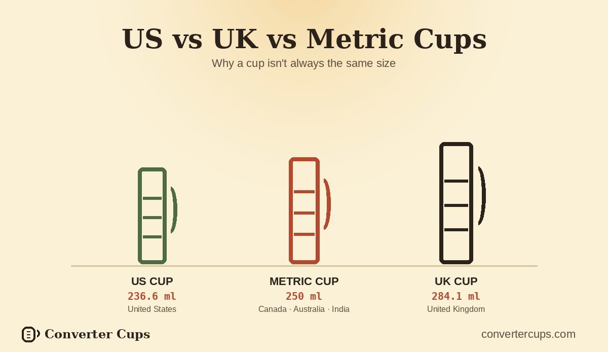 Three measuring cup illustrations of different heights, labelled US cup 236.6 ml, metric cup 250 ml, and UK cup 284.1 ml